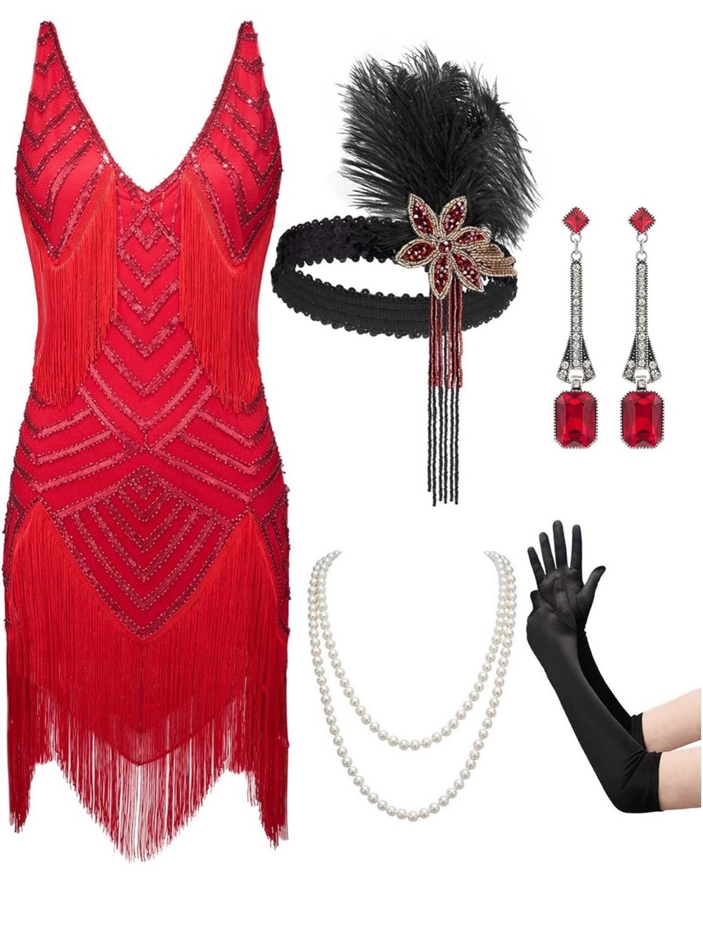 Scarlet Beaded Fringe Flapper Dress with Headband & Accessories